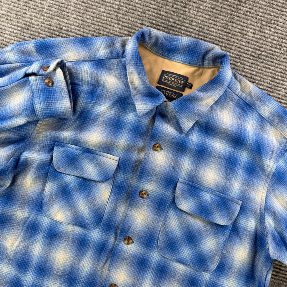 Pendleton Original Board Shirt Large Tall Blue Ombre Plaid 100% Virgin Wool 1964